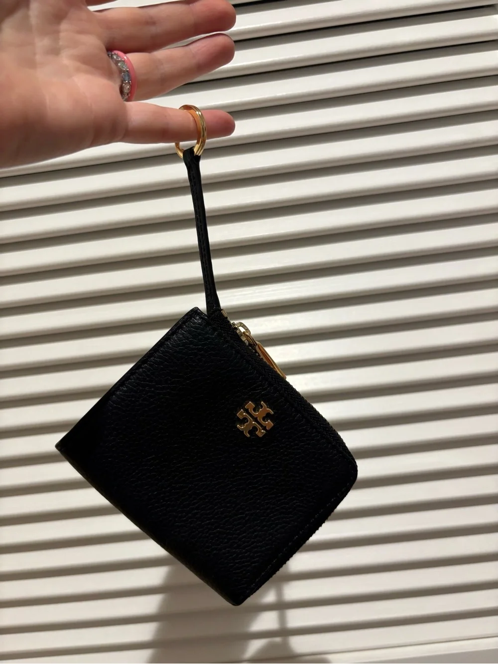 Tory Burch Black Pebbled Leather Zip Card Wallet with Gold Logo
